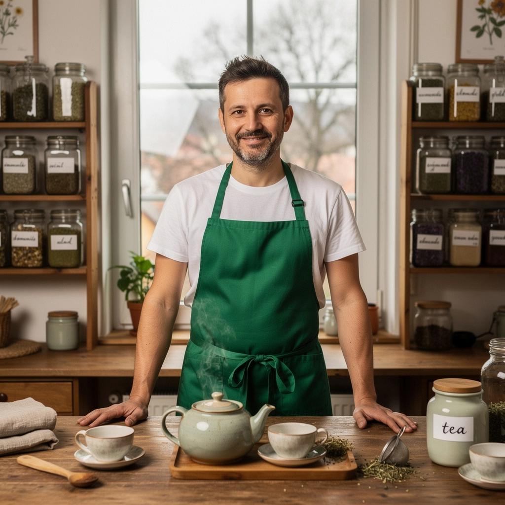 Šálka voňavého bylinkového čaju na drevenom stole v útulnej miestnosti