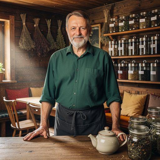 Ručne zbierané bylinky v sklenenej nádobe vedľa čajovej súpravy na stoloch